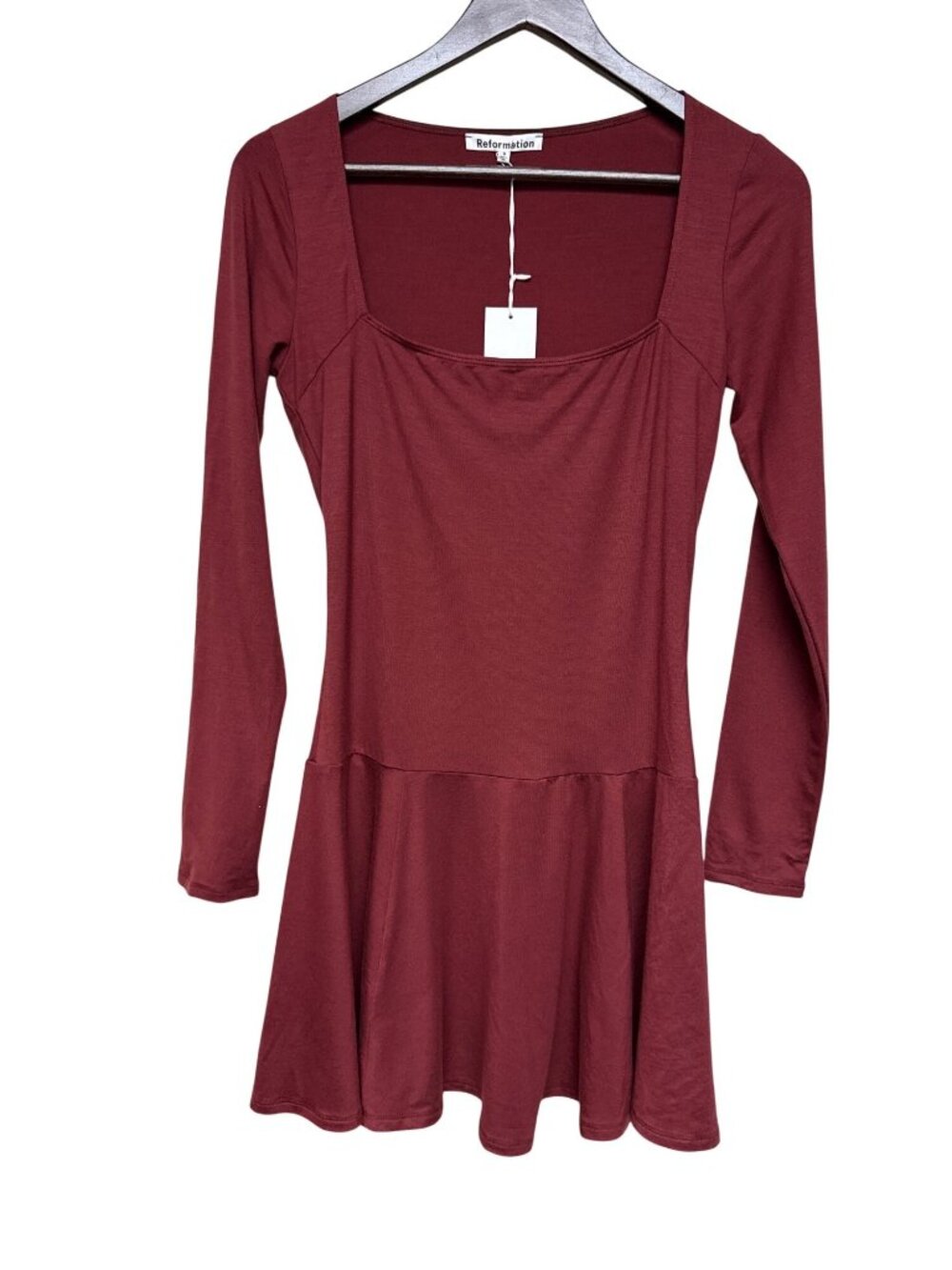 Reformation Coen Dress NWT Small Burgundy Chianti Long Sleeve Square Neck Mini